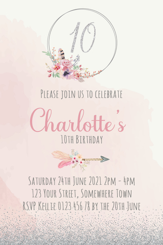 girls boho pink floral glitter party birthday invitation invite
