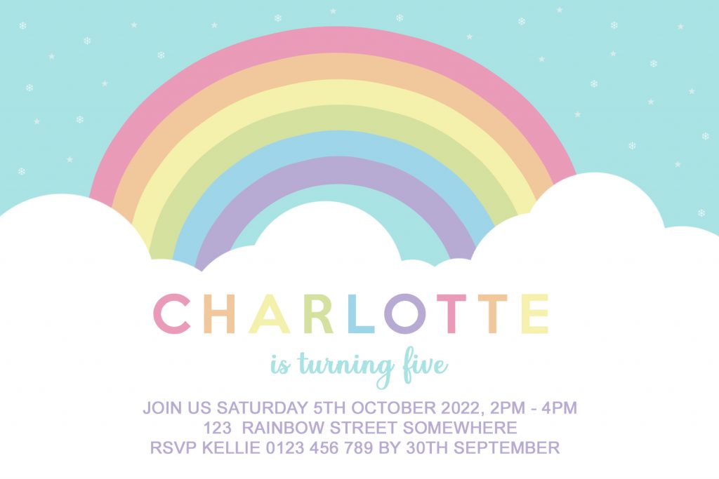 personalised pastel rainbow cloud birthday party invitation invite