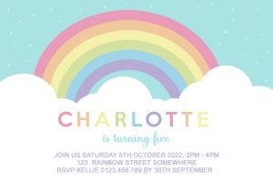 personalised pastel rainbow cloud birthday party invitation invite