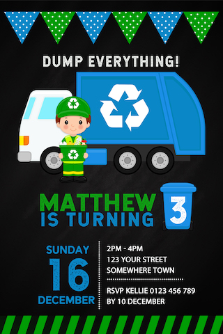 garbage truck birthday invitation invite boy girl