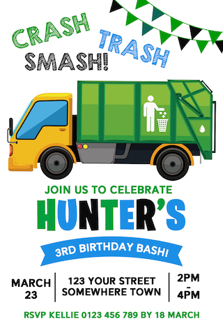 garbage truck birthday invitation invite boy girl