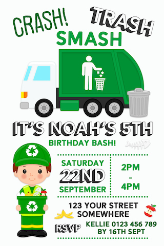 garbage truck birthday invitation invite boy girl