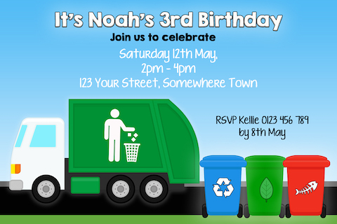 garbage truck birthday invitation invite boy girl