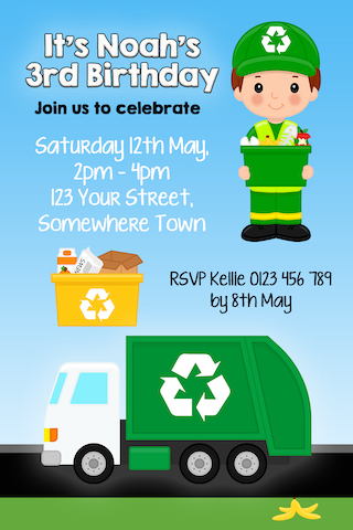 garbage truck birthday invitation invite boy girl