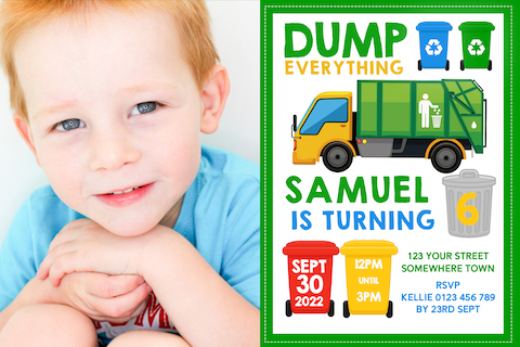 garbage truck birthday invitation invite boy girl