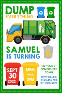 personalised garbage truck birthday invitation invite boy girl