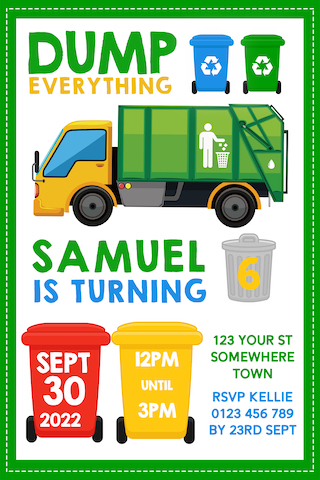 garbage truck birthday invitation invite boy girl