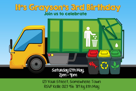 garbage truck birthday invitation invite 